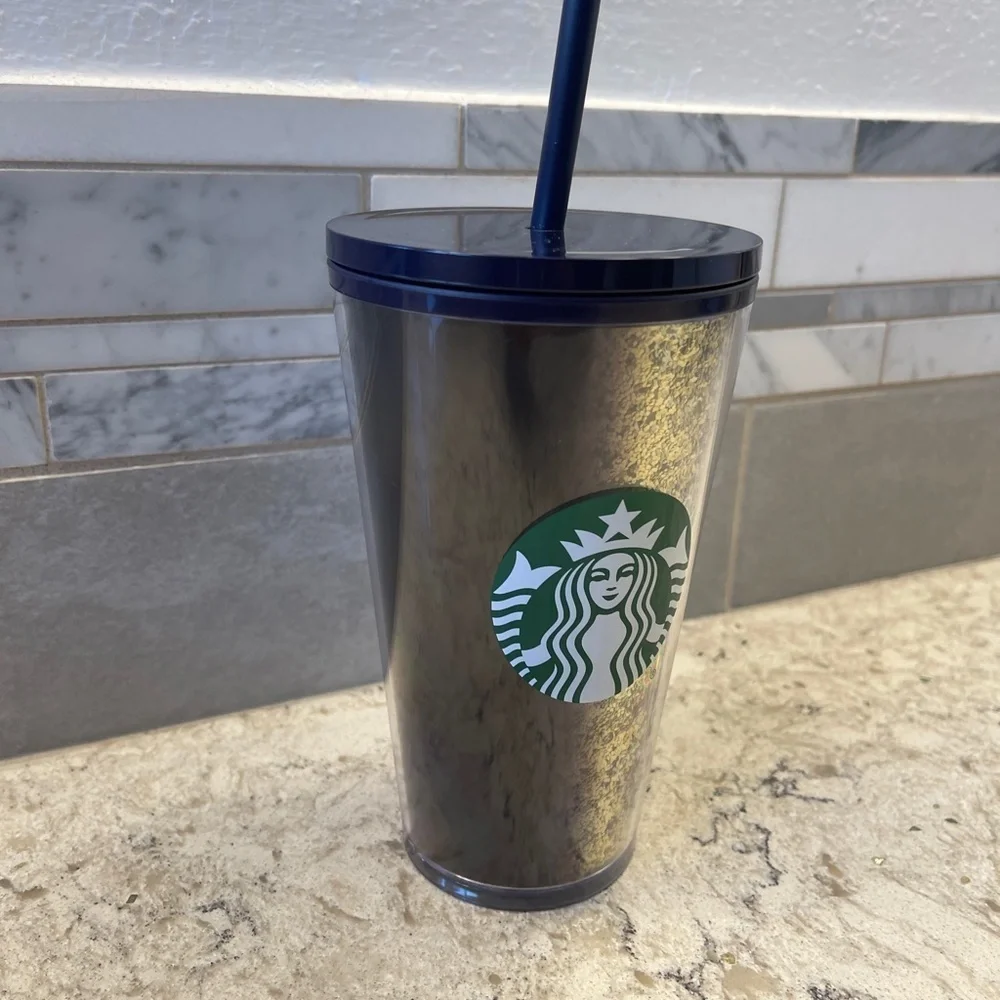 Never Used Starbucks‎ Holiday 2020 gold navy blue glitter tumbler